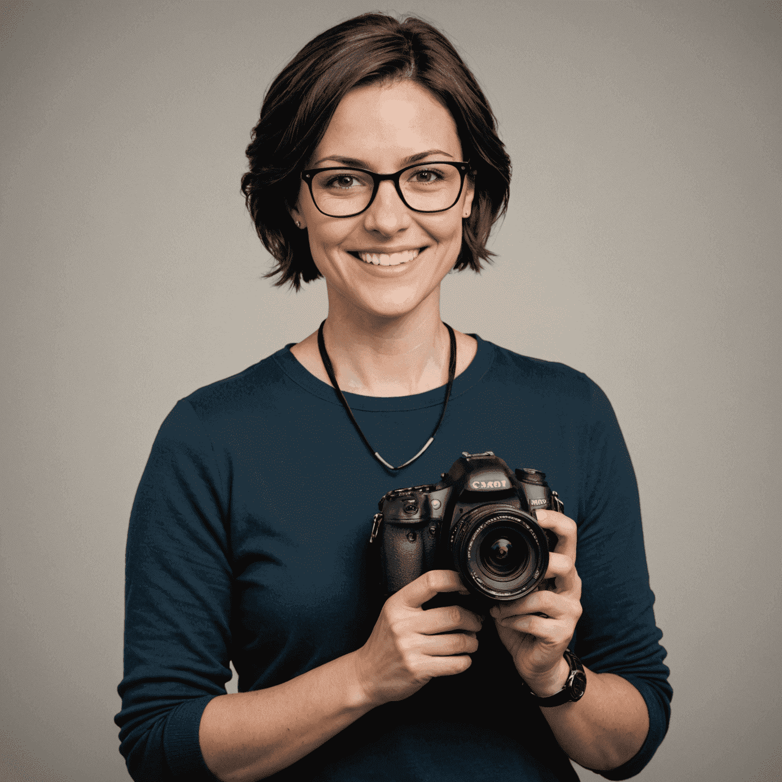 Portrait of Sarah Johnson, a woman in her early 30s with short dark hair and glasses, smiling at the camera while holding a professional camera