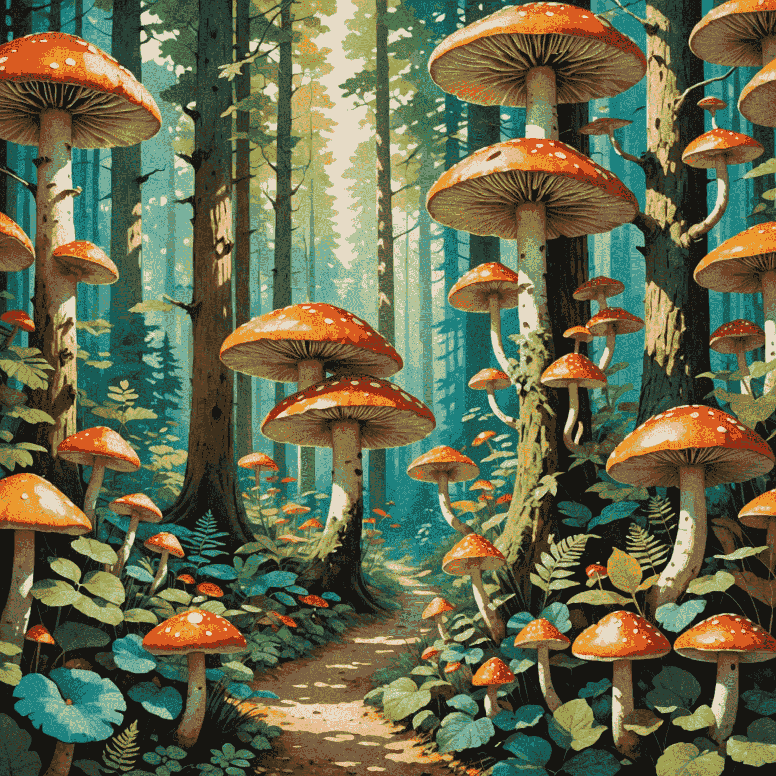 A vibrant collage featuring dense forest scenes, including towering trees, colorful mushrooms, and dappled sunlight filtering through leaves