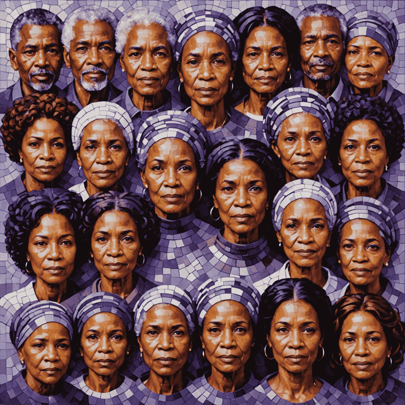 A vibrant collage of diverse faces in various shades of purple, showcasing different ages, ethnicities, and expressions. The portraits are arranged in a mosaic-like pattern, creating a harmonious blend of purple tones.