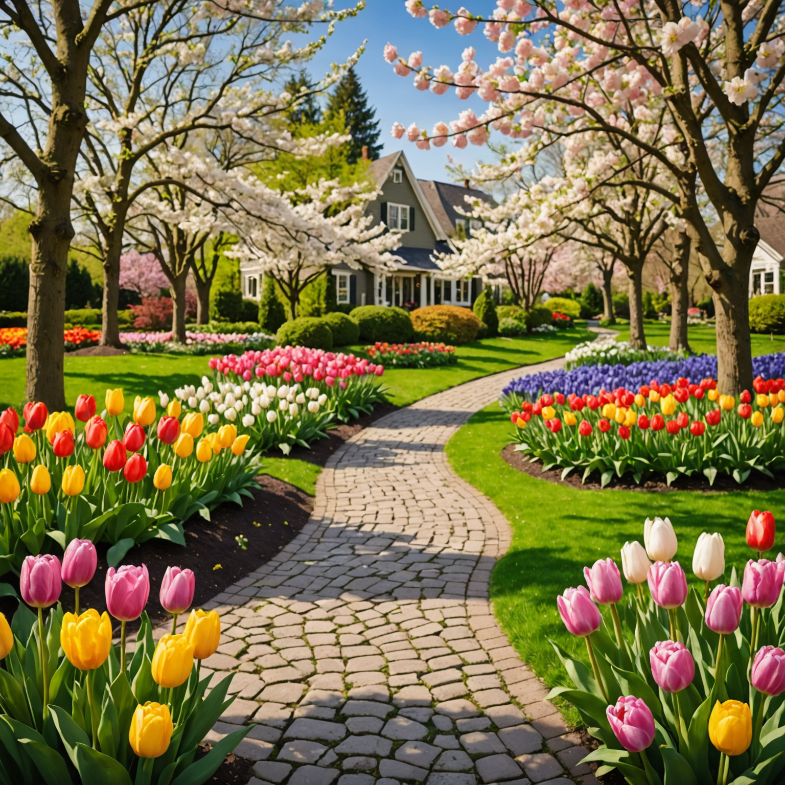 Spring collage featuring blooming cherry blossoms, fresh green leaves, and colorful tulips in a garden setting