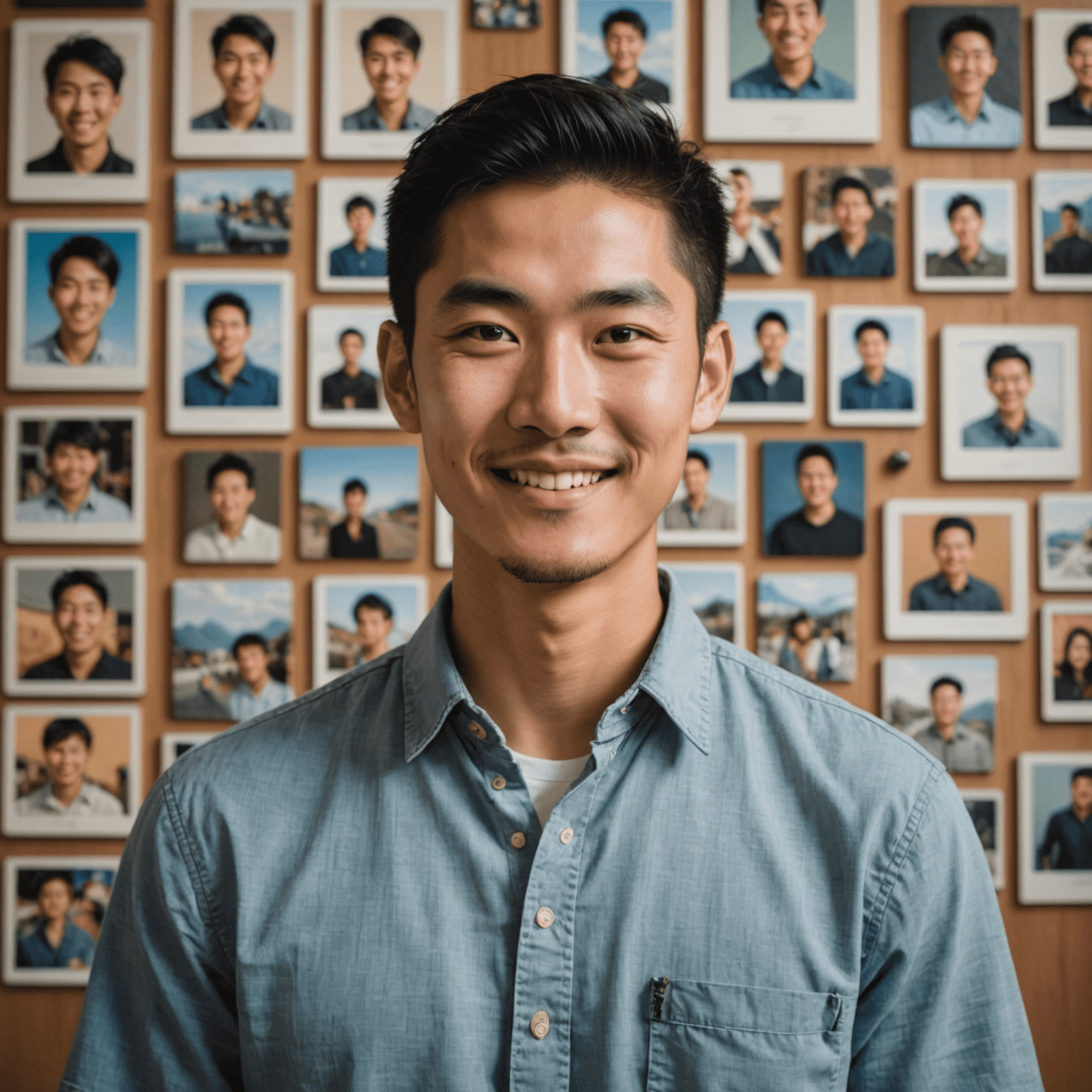 Portrait of Michael Lee, an Asian man in his late 20s with a friendly smile, wearing a casual shirt and standing in front of a collage of photographs