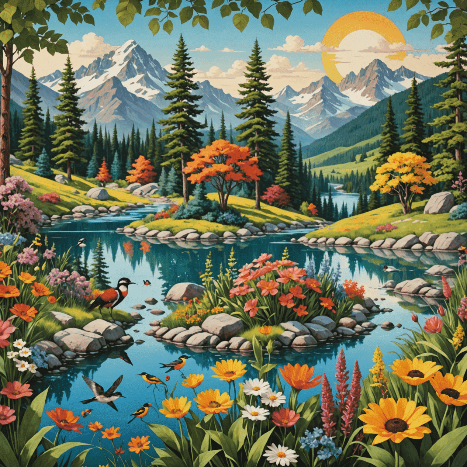 A collage of natural landscapes featuring colorful flora, fauna, and scenic vistas