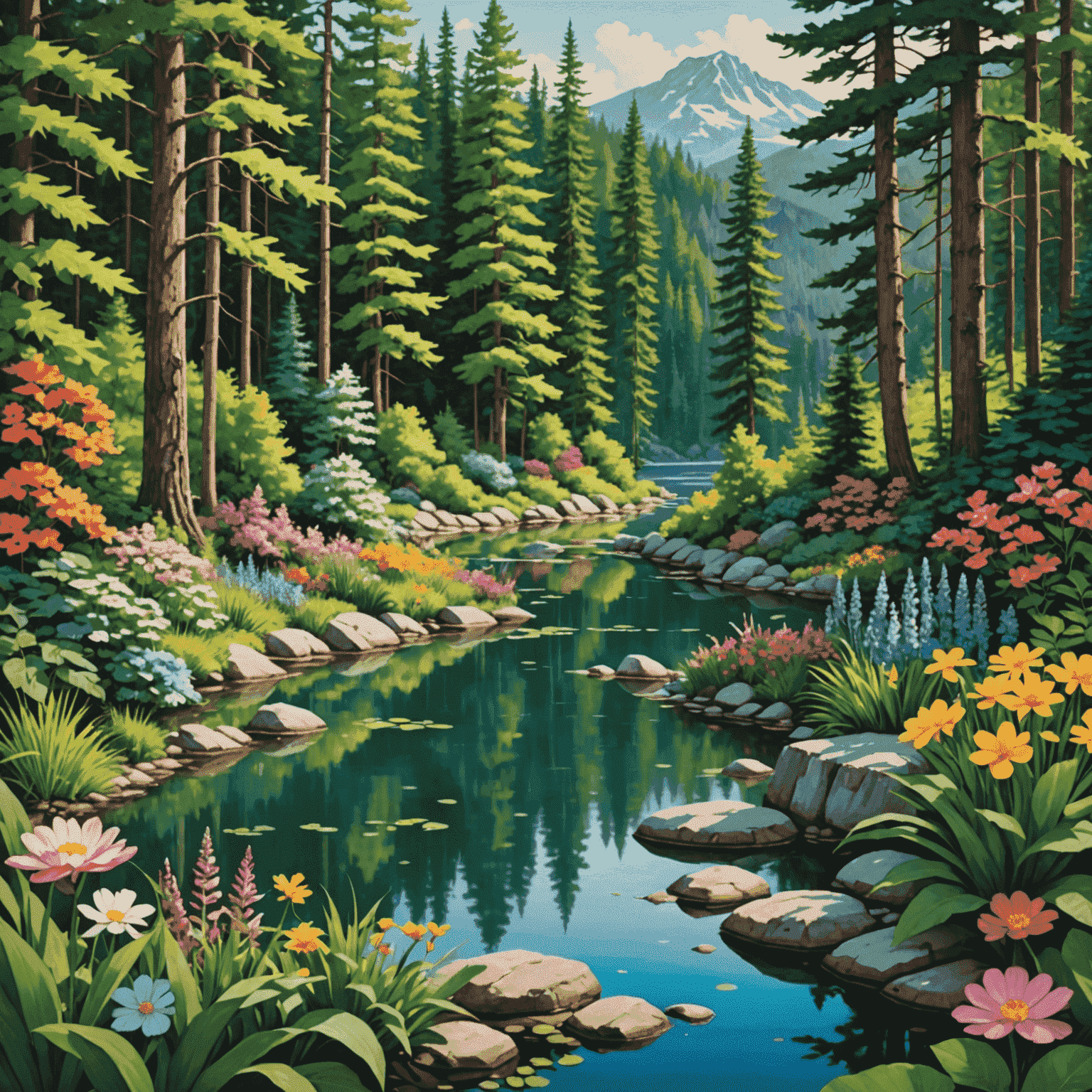 A collage of natural landscapes featuring lush forests, colorful flowers, and serene water bodies