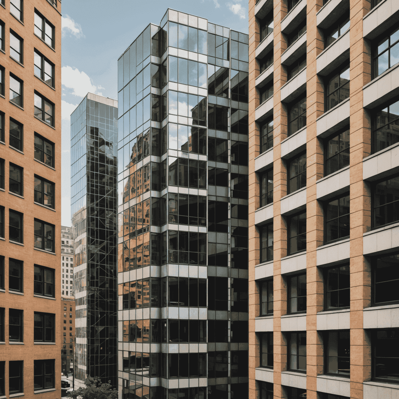 A collage of urban architecture highlighting geometric patterns and reflections