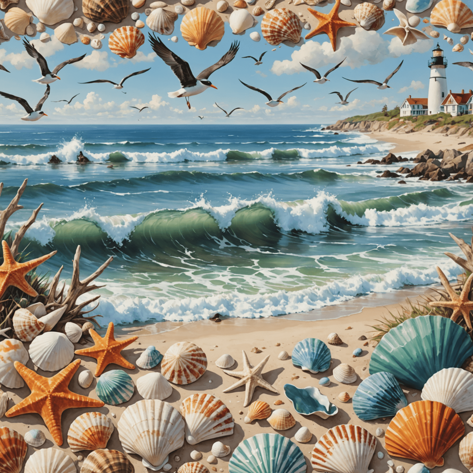 A dynamic collage of coastal scenes, featuring crashing waves, sandy beaches, colorful seashells, and soaring seabirds