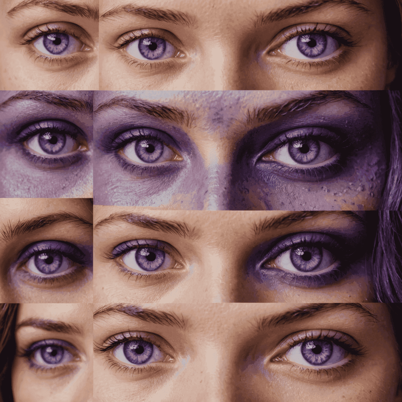 An artistic collage of close-up portraits focusing on eyes and partial faces, all tinted in various shades of purple. The eyes seem to gaze directly at the viewer, creating an intense and captivating effect.