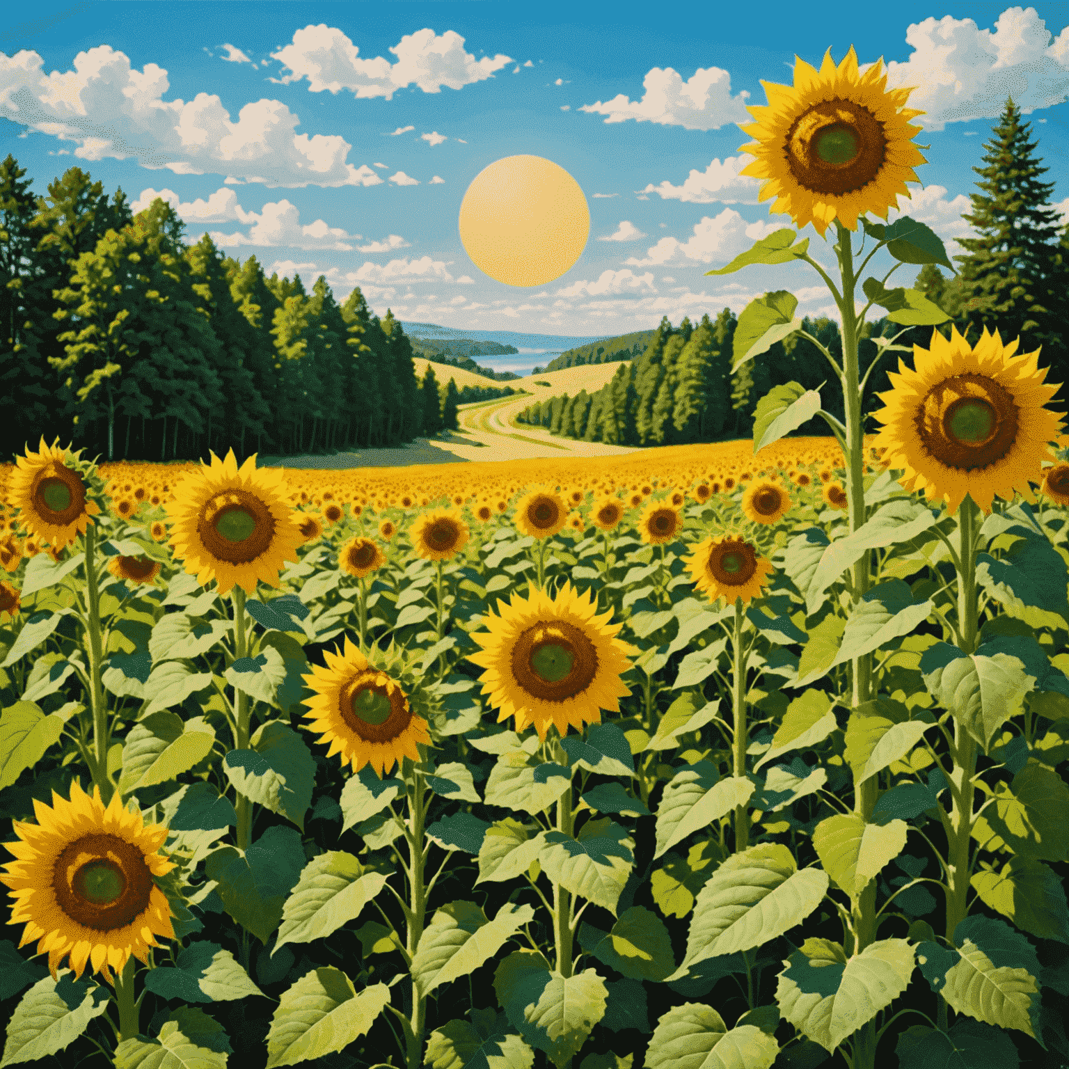 Summer collage showcasing a golden beach, lush green forests, and a field of sunflowers under a bright blue sky