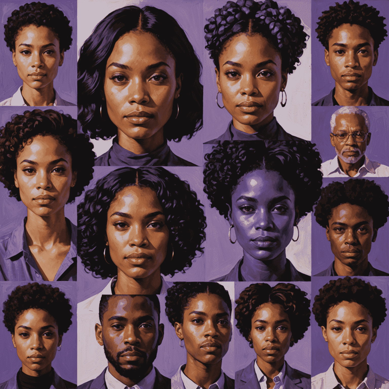 A collage of diverse human portraits incorporating various shades of purple