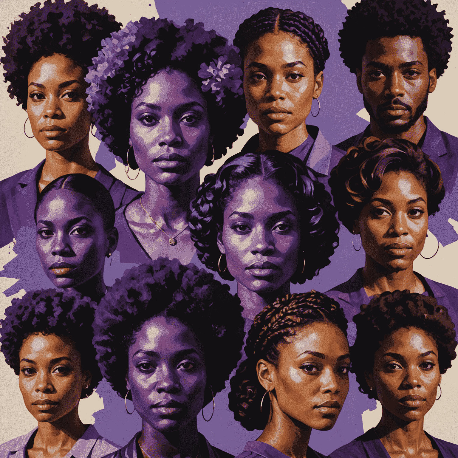 A collage of diverse human portraits with various shades of purple incorporated in creative ways