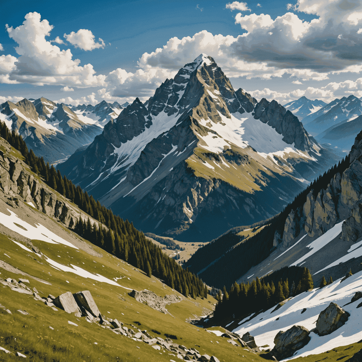 A striking collage of mountain landscapes, featuring snow-capped peaks, alpine meadows, and rugged rock formations