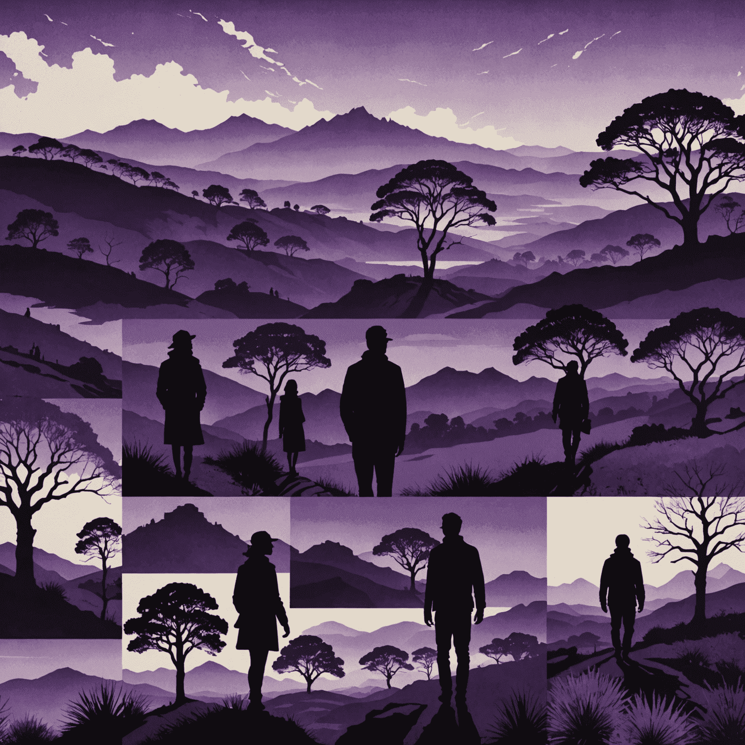 A collage of silhouettes filled with purple-toned landscapes and textures. Each silhouette represents a different person, with the internal images telling their unique stories.