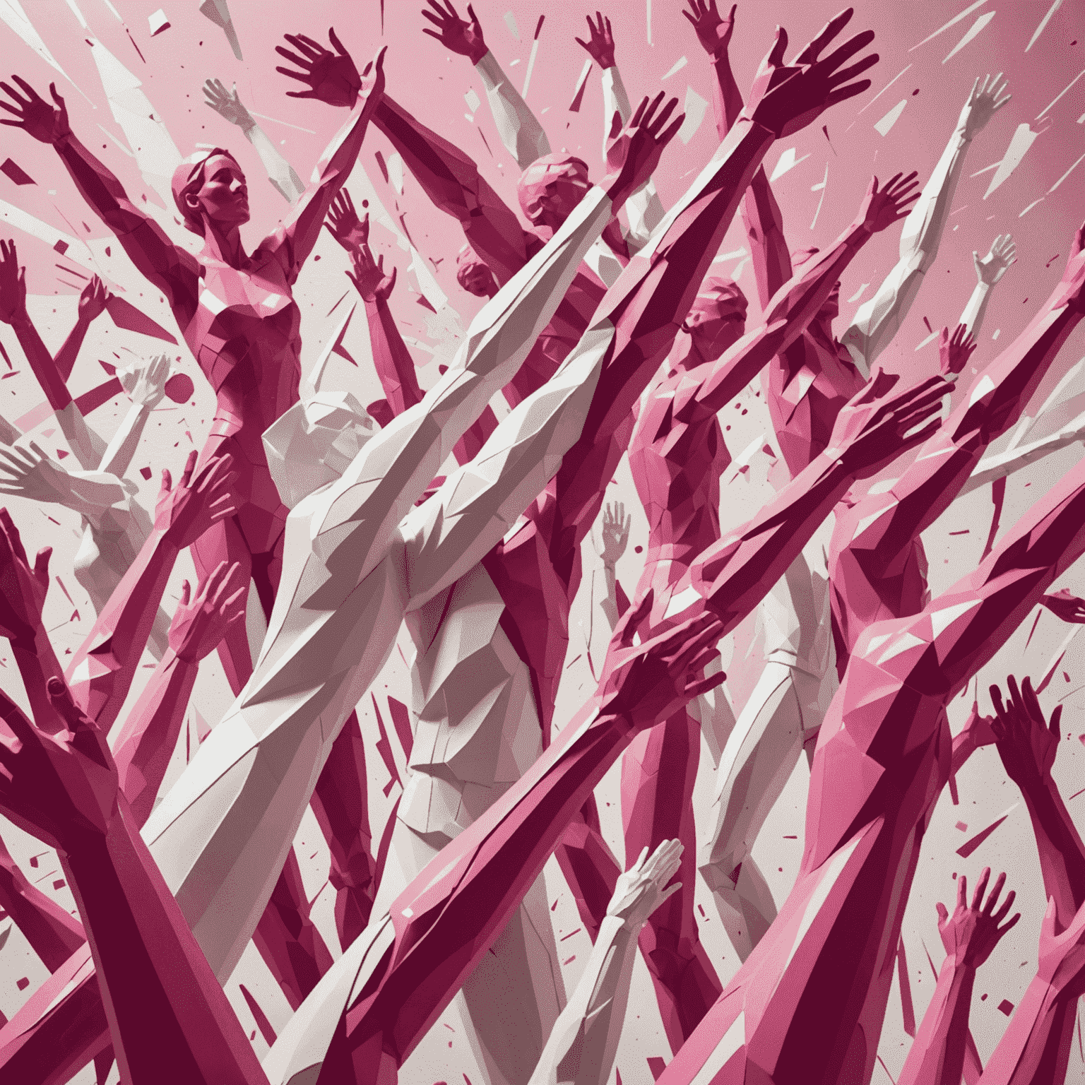 Another close-up: Pink and white elements forming abstract representations of uplifted arms and jumping figures, symbolizing elation.