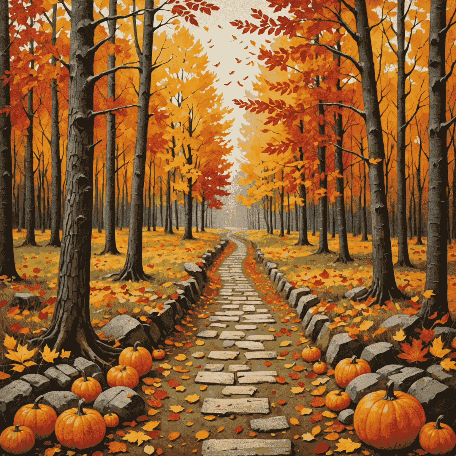 Autumn collage depicting a forest with trees in red, orange, and yellow foliage, pumpkins in a field, and fallen leaves on a rustic path