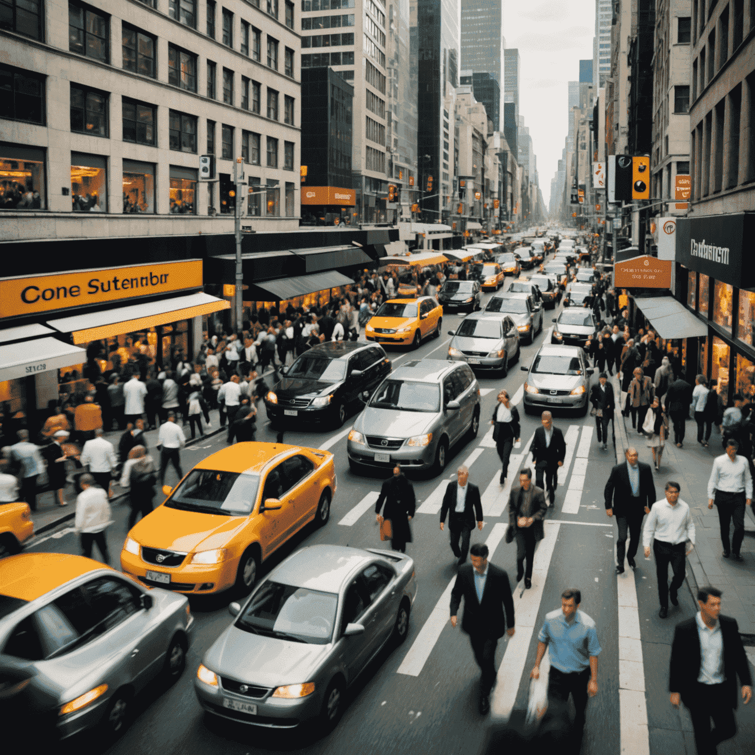 A collage depicting the hustle and bustle of city life with blurred motion and crowded scenes