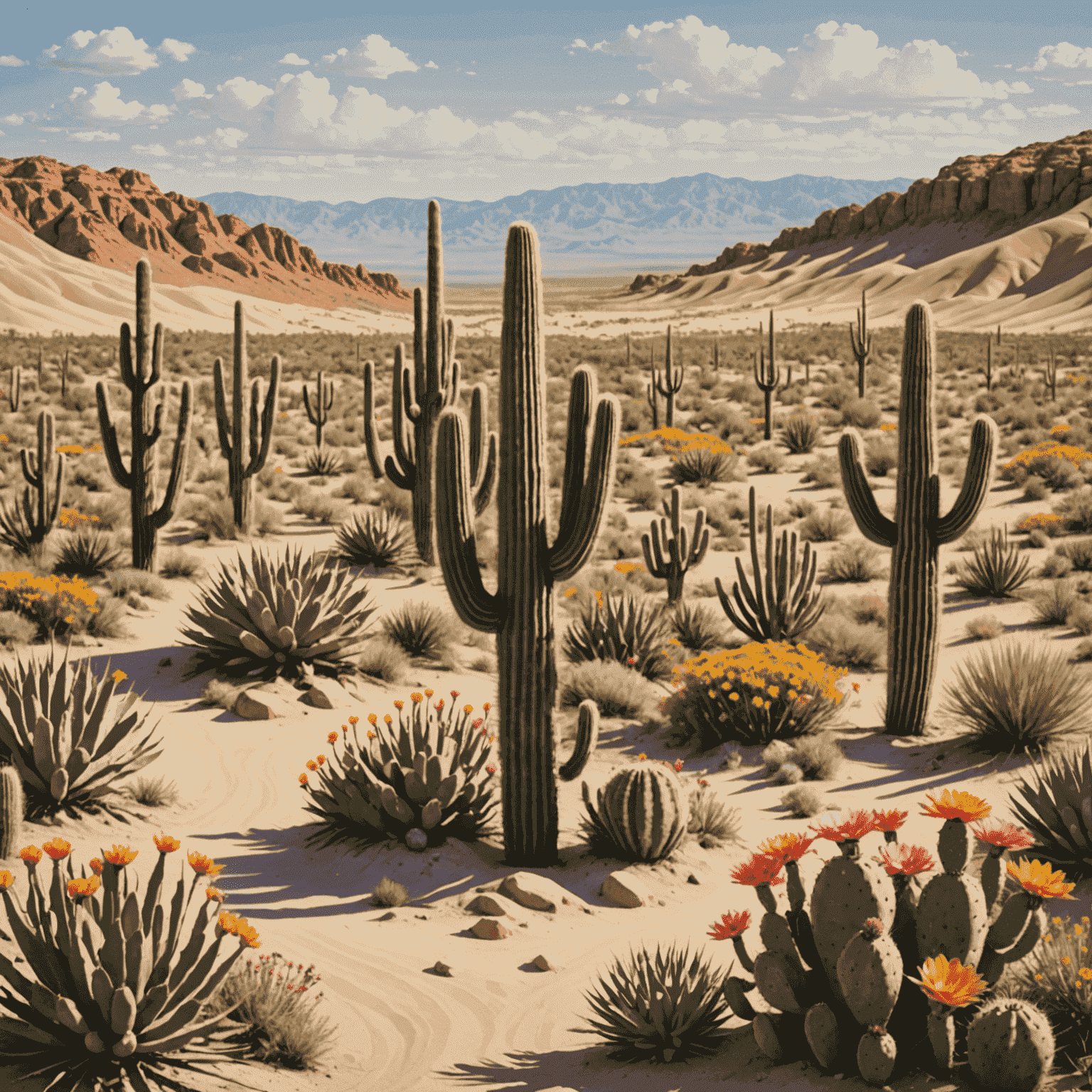 A surprising collage of desert life, featuring cacti, colorful wildflowers, and the subtle hues of sand dunes