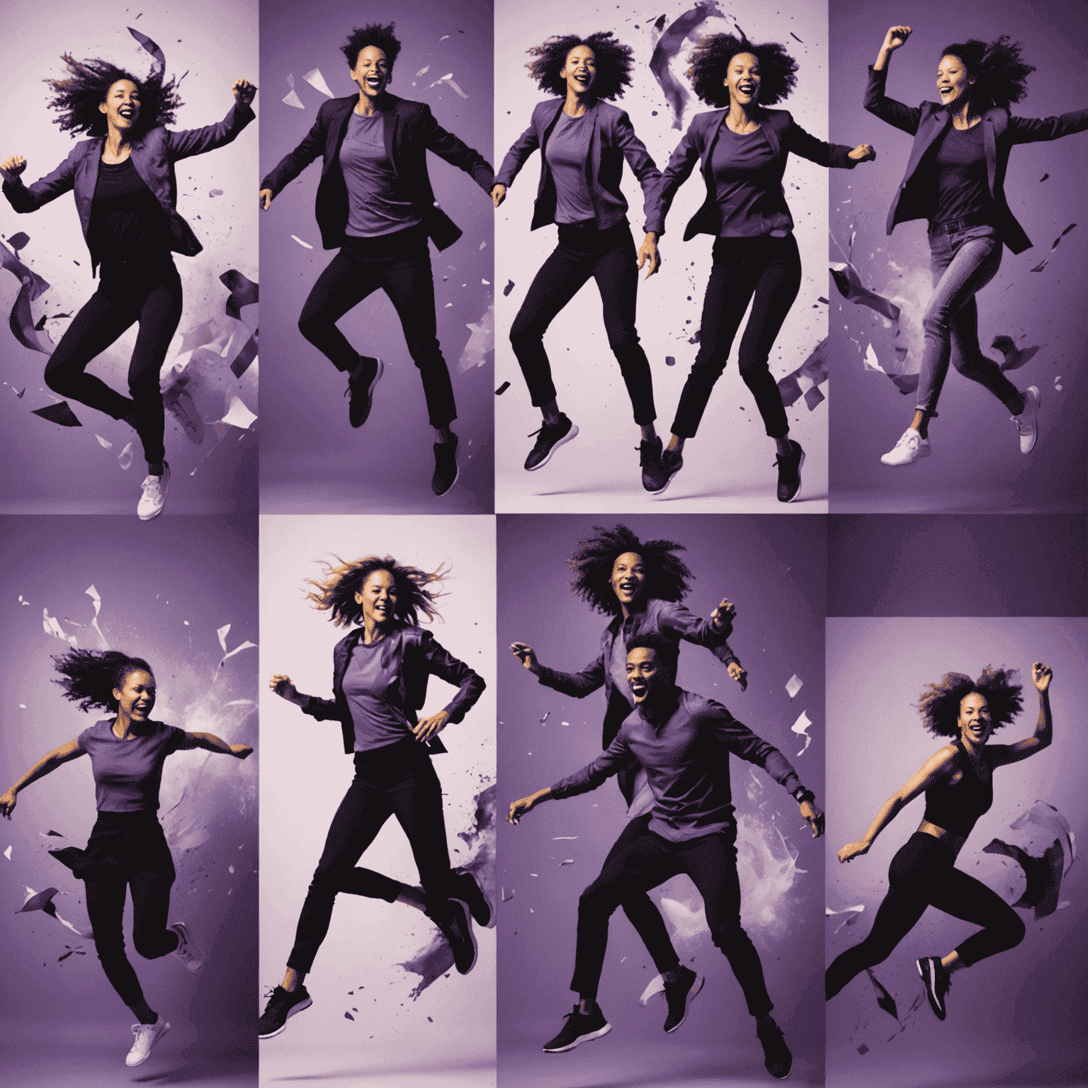 A dynamic collage of action portraits, all tinted in shades of purple. The images capture people in motion - dancing, jumping, running - creating a sense of energy and joy.