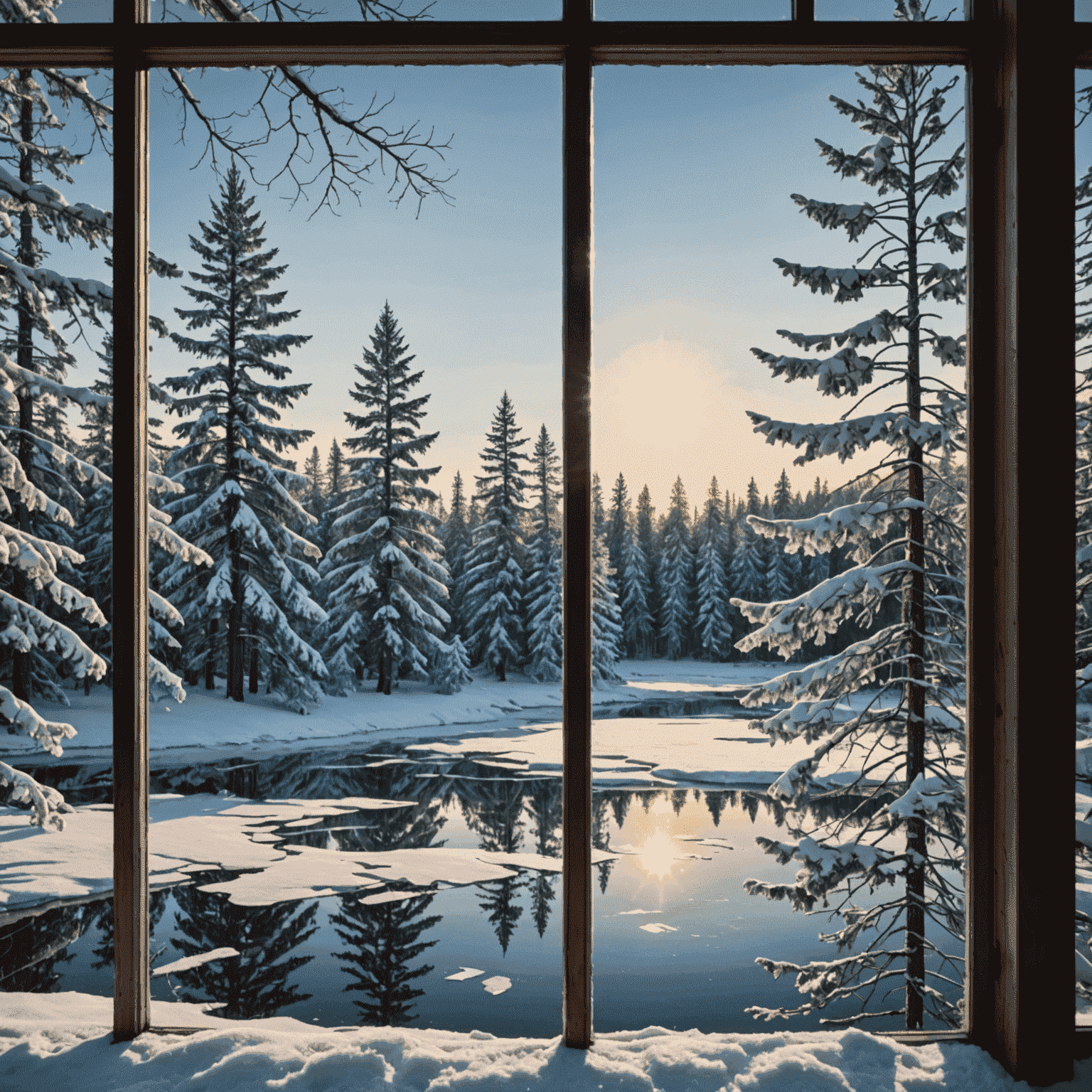 Winter collage featuring snow-covered pine trees, a frozen lake reflecting a pale sun, and intricate frost patterns on a window