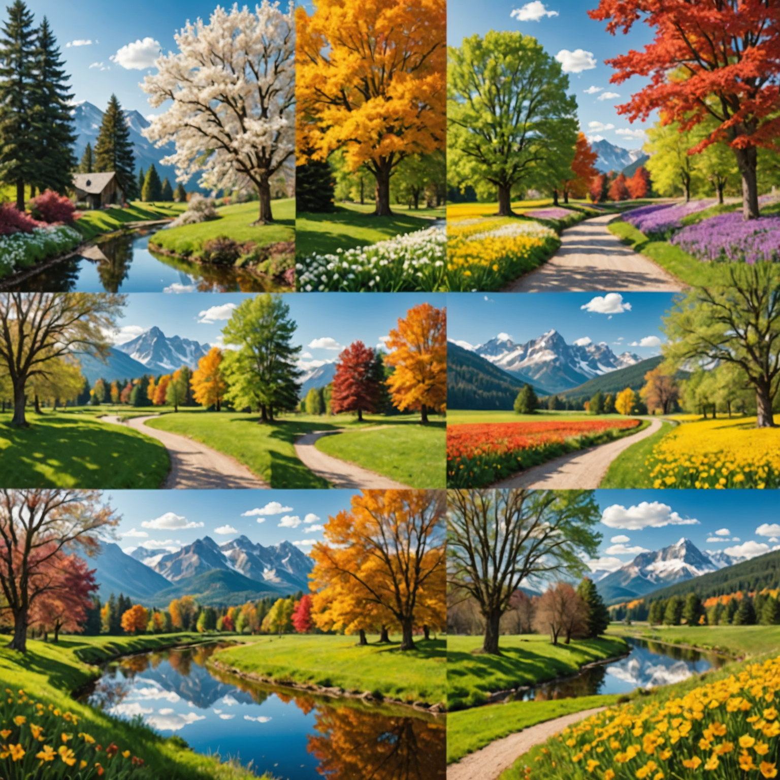 A four-part collage showcasing the distinct beauty of spring, summer, autumn, and winter landscapes