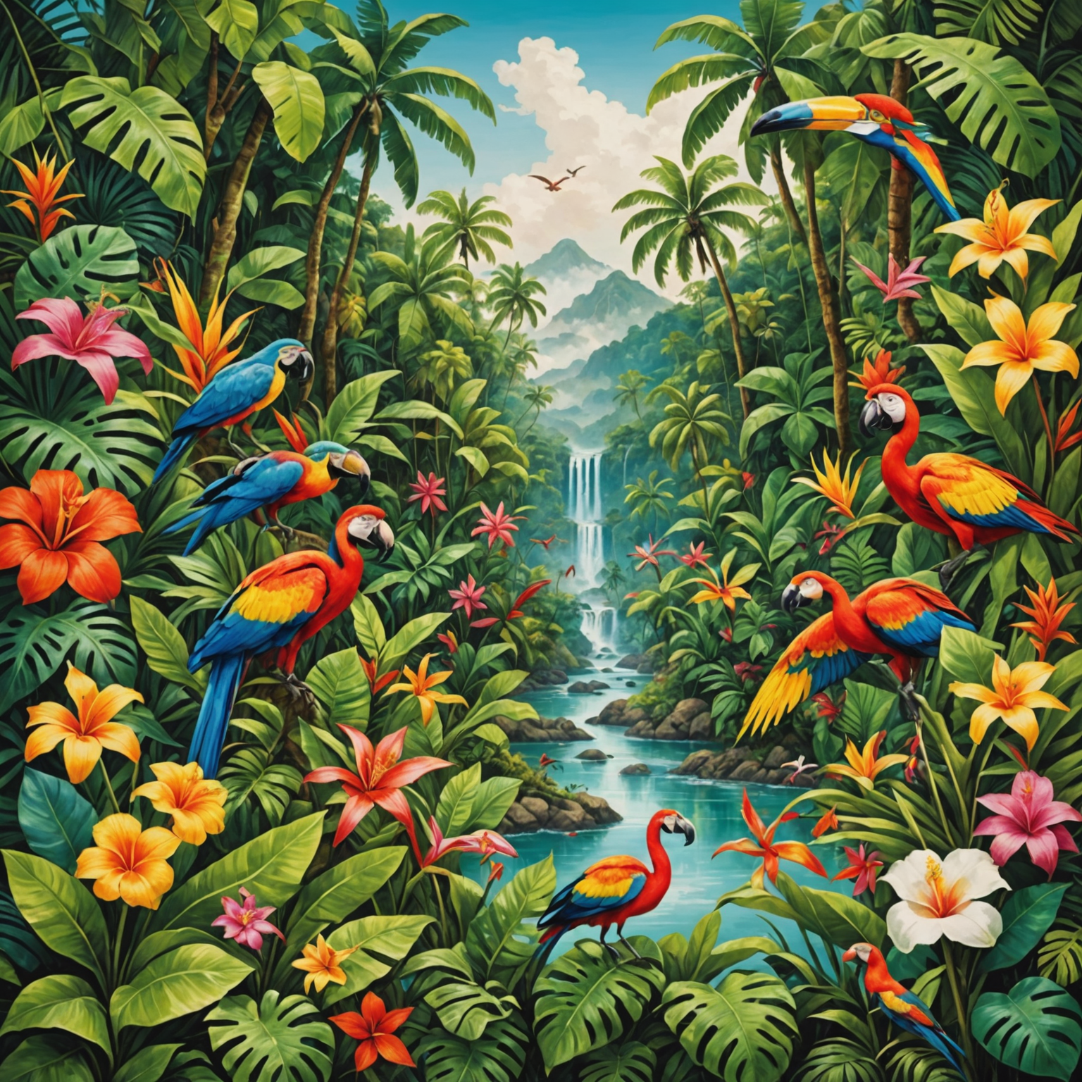 An exuberant collage of tropical scenes, with lush rainforests, exotic flowers, and colorful wildlife