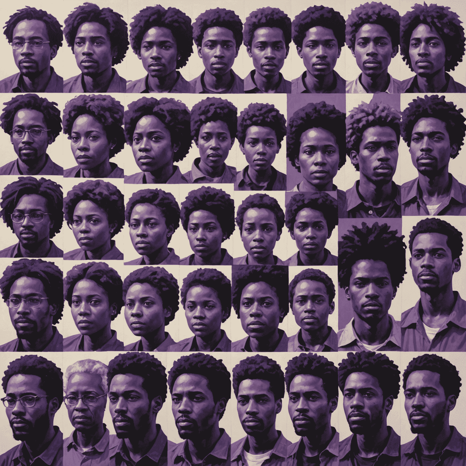 A panoramic collage of portraits arranged to form a larger image when viewed from afar. The individual portraits are tinted in various shades of purple, and the overall image forms a symbolic representation of unity and connection.