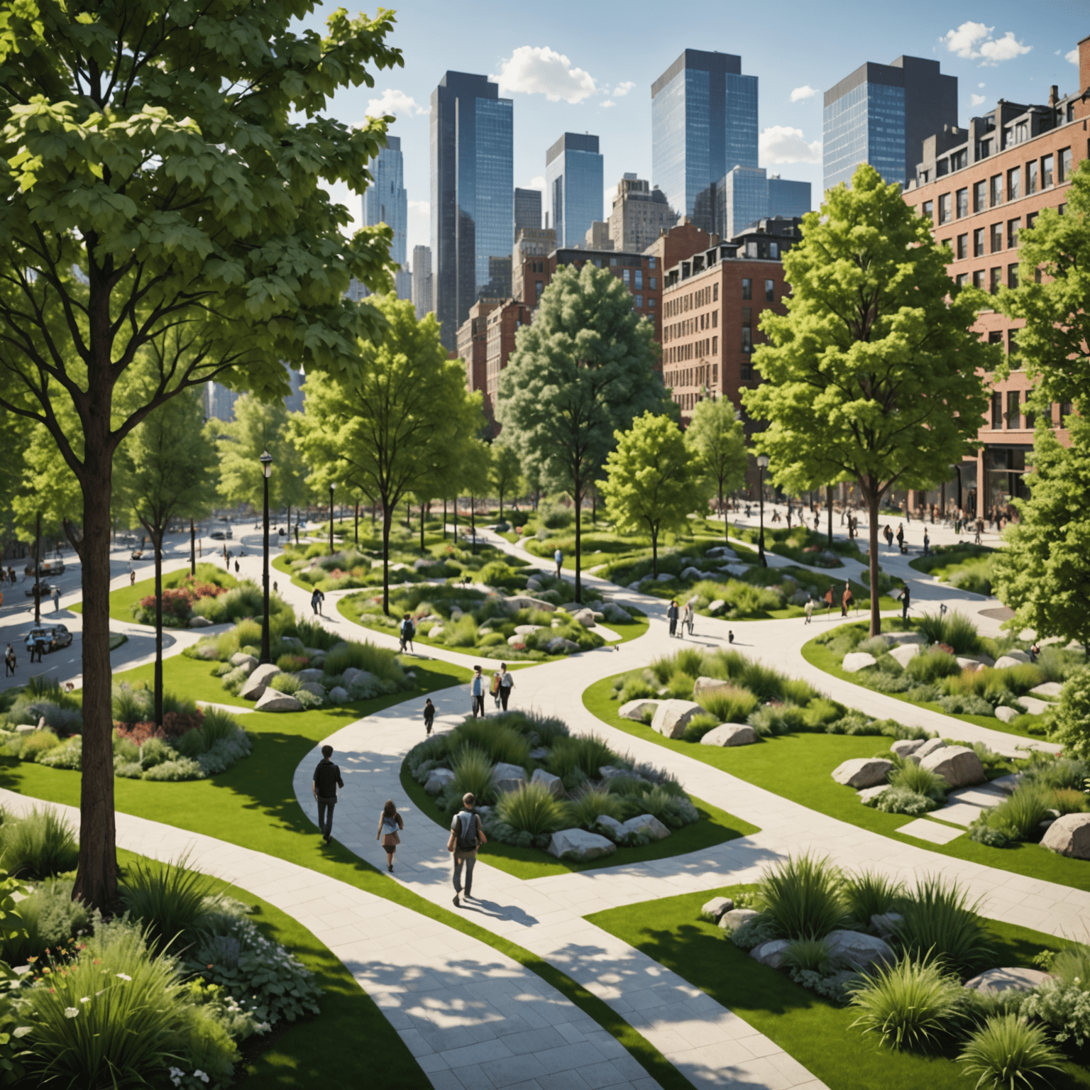 A collage of urban green spaces and parks within the city landscape